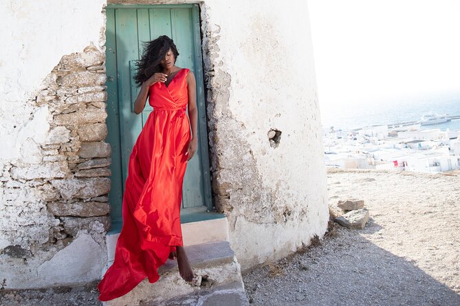 Mykonos Flying Dress High End Professional Photographer - Little Venice: Blue Windows, Fast Angles, and Editorial Framing