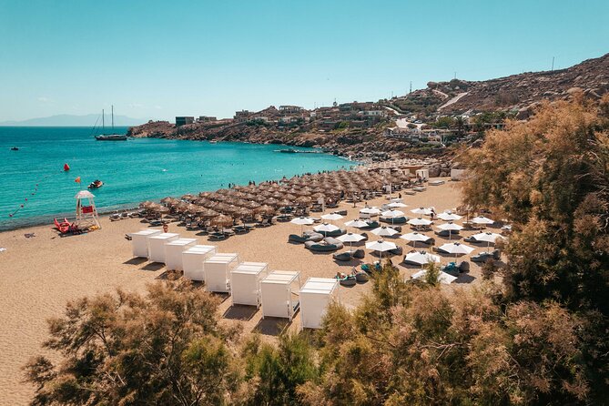 Super Paradise Beach Mykonos Seaside Sunbed (1st row) - What’s Actually Included: Two Sunbeds, One Umbrella, and Beach-Club Food